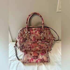 Guess Pink and Red Floral Luxury Satchel with Large Zip Around Wallet